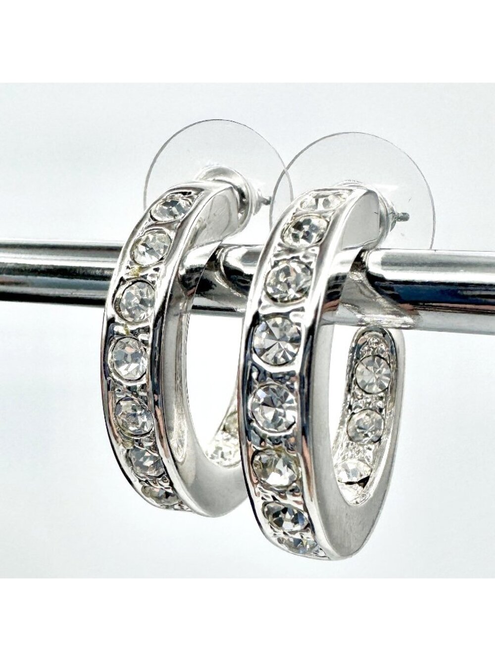 Channel Set Crystal Hoop Earrings Pierced Silver Tone Rhinestone Rhodium Plated